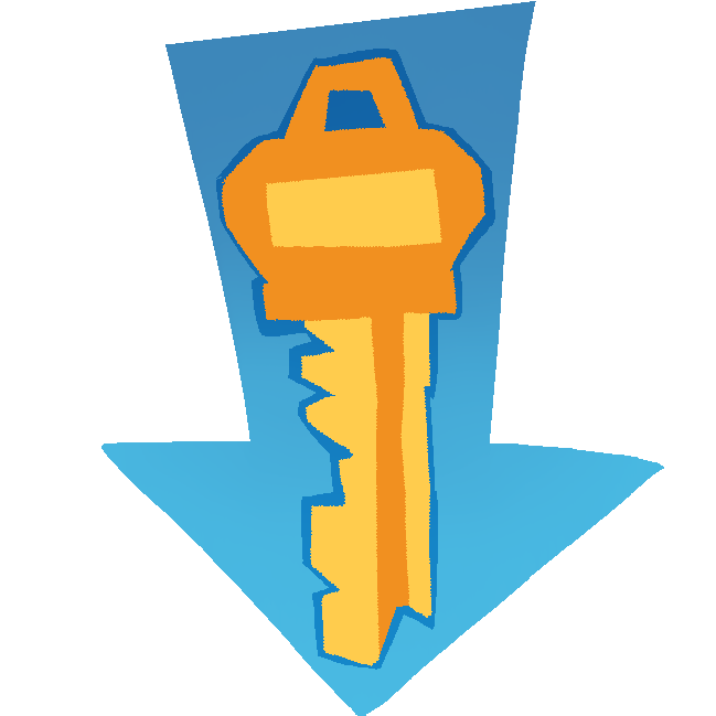 a big blue ombre arrow pointing down. on the arrow is a yellow and orange key